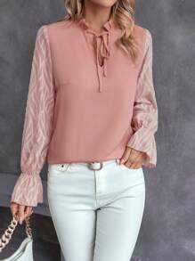 SHEIN Clasi 繫帶領荷葉袖襯衫 - 粉色 - 查看 3