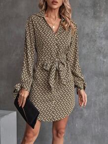 SHEIN Clasi 滿版印花打結袖口腰帶襯衫連衣裙 - 棕色 - 查看 1