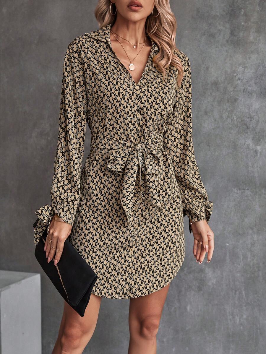 SHEIN Clasi 滿版印花打結袖口腰帶襯衫連衣裙 - 棕色 - 查看 1