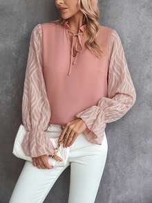 SHEIN Clasi 繫帶領荷葉袖襯衫 - 粉色 - 查看 5