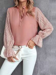 SHEIN Clasi 繫帶領荷葉袖襯衫 - 粉色 - 查看 6