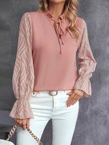 SHEIN Clasi 繫帶領荷葉袖襯衫 - 粉色 - 查看 7