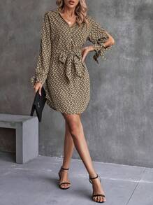 SHEIN Clasi 滿版印花打結袖口腰帶襯衫連衣裙 - 棕色 - 查看 3