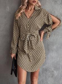 SHEIN Clasi 滿版印花打結袖口腰帶襯衫連衣裙 - 棕色 - 查看 4