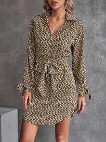 SHEIN Clasi 滿版印花打結袖口腰帶襯衫連衣裙 - 棕色 - 查看 5