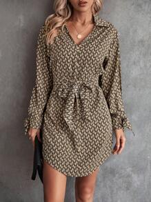 SHEIN Clasi 滿版印花打結袖口腰帶襯衫連衣裙 - 棕色 - 查看 6
