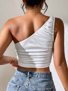 SHEIN Privé One Shoulder Ruched Crop Top - White - View 2