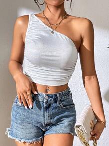 SHEIN Privé One Shoulder Ruched Crop Top - White - View 4