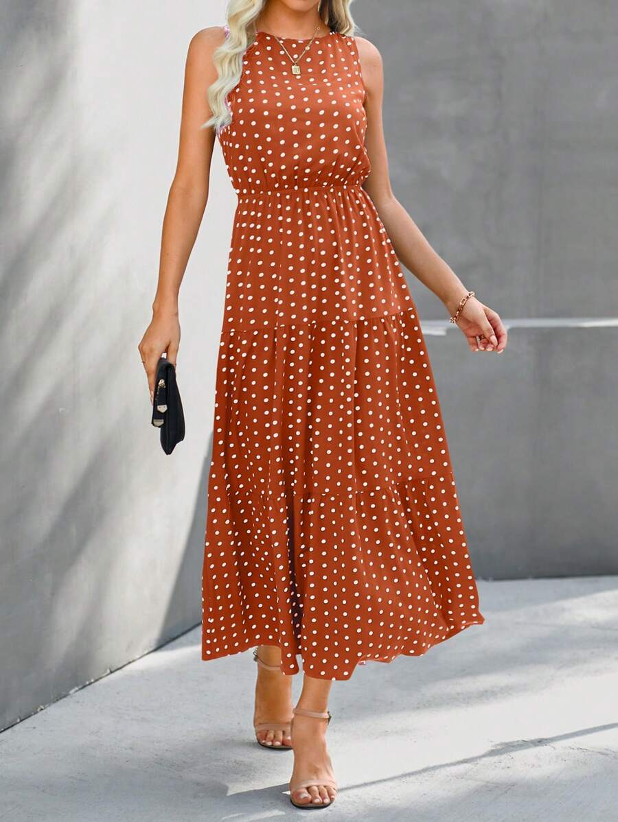 SHEIN LUNE Vestido con estampado de lunares bajo con fruncido - Marrón - Ver 1