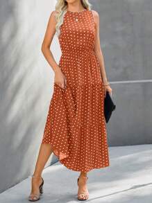 SHEIN LUNE Vestido con estampado de lunares bajo con fruncido - Marrón - Ver 3