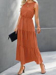SHEIN LUNE Vestido con estampado de lunares bajo con fruncido - Marrón - Ver 4