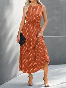 SHEIN LUNE Vestido con estampado de lunares bajo con fruncido - Marrón - Ver 5