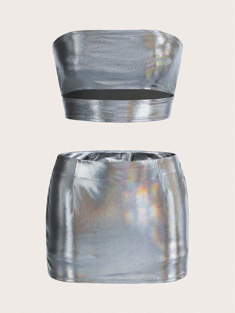 SHEIN ICON 鐳射短款抹胸上衣&包臀半身裙 - 銀色 - 查看 1