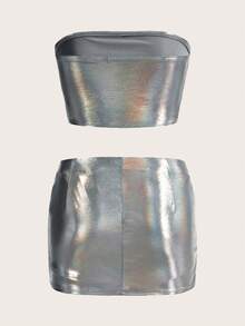 SHEIN ICON 鐳射短款抹胸上衣&包臀半身裙 - 銀色 - 查看 2