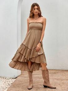 Bohemela Frill Trim Ruffle Hem Tube Dress - Khaki - View 1