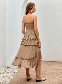 Bohemela Frill Trim Ruffle Hem Tube Dress - Khaki - View 2