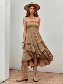 Bohemela Frill Trim Ruffle Hem Tube Dress - Khaki - View 3