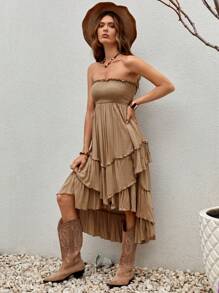 Bohemela Frill Trim Ruffle Hem Tube Dress - Khaki - View 4