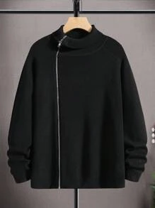 Manfinity Hombres Cárdigan con cremallera de manga raglán - Negro - Ver 1