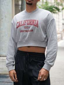 Manfinity Fever City 男士字母圖案落肩袖短款運動衫 - 灰色 - 查看 1