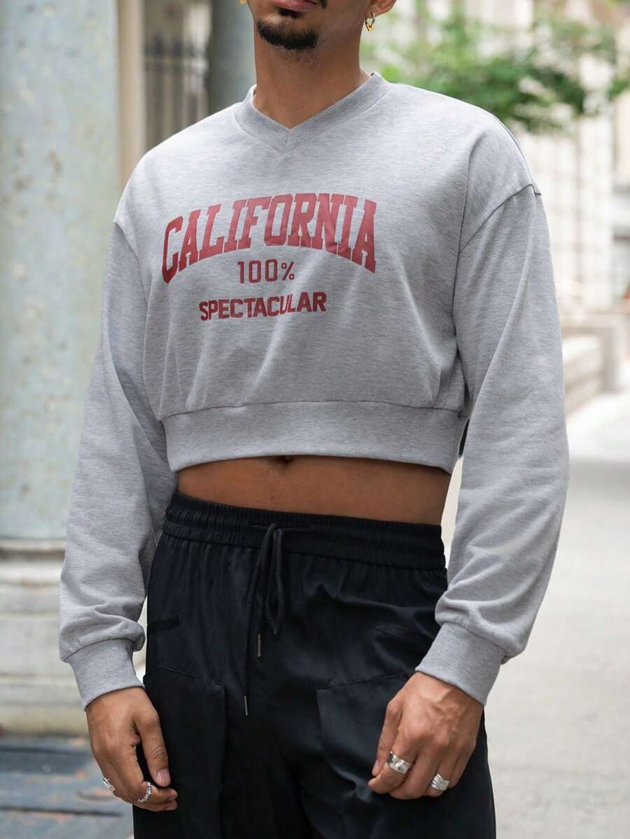 Manfinity Fever City 男士字母圖案落肩袖短款運動衫 - 灰色 - 查看 1