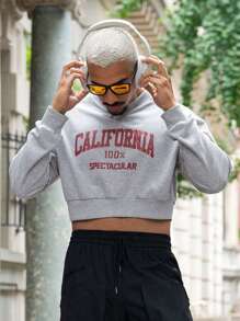 Manfinity Fever City 男士字母圖案落肩袖短款運動衫 - 灰色 - 查看 4