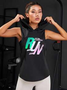 Slogan Graphic Hooded Sports Sweatshirt - Black - View 1