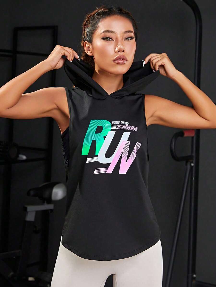 Slogan Graphic Hooded Sports Sweatshirt - Black - View 1