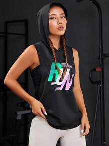 Slogan Graphic Hooded Sports Sweatshirt - Black - View 3