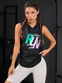 Slogan Graphic Hooded Sports Sweatshirt - Black - View 4