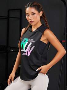 Slogan Graphic Hooded Sports Sweatshirt - Black - View 5