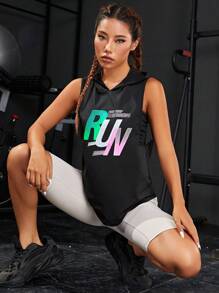 Slogan Graphic Hooded Sports Sweatshirt - Black - View 6