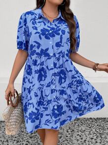SHEIN LUNE Talla grande Vestido camisero con estampado floral de manga farol bajo con fruncido - Azul - Ver 1