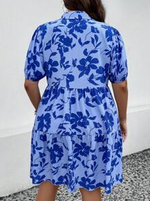 SHEIN LUNE Talla grande Vestido camisero con estampado floral de manga farol bajo con fruncido - Azul - Ver 2