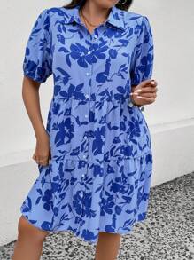 SHEIN LUNE Talla grande Vestido camisero con estampado floral de manga farol bajo con fruncido - Azul - Ver 3