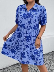 SHEIN LUNE Talla grande Vestido camisero con estampado floral de manga farol bajo con fruncido - Azul - Ver 4