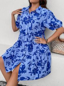 SHEIN LUNE Talla grande Vestido camisero con estampado floral de manga farol bajo con fruncido - Azul - Ver 7