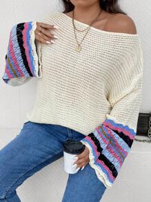 SHEIN LUNE Plus Striped Pattern Drop Shoulder Sweater - Apricot - View 1