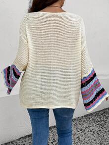 SHEIN LUNE Plus Striped Pattern Drop Shoulder Sweater - Apricot - View 2