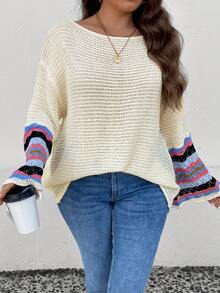 SHEIN LUNE Plus Striped Pattern Drop Shoulder Sweater - Apricot - View 3