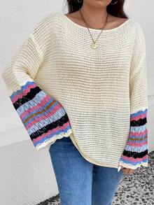 SHEIN LUNE Plus Striped Pattern Drop Shoulder Sweater - Apricot - View 5