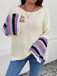 SHEIN LUNE Plus Striped Pattern Drop Shoulder Sweater - Apricot - View 6