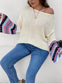 SHEIN LUNE Plus Striped Pattern Drop Shoulder Sweater - Apricot - View 7