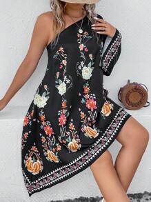 SHEIN Clasi 大碼印花單肩喇叭袖不對稱下擺連衣裙 - 彩色 - 查看 7