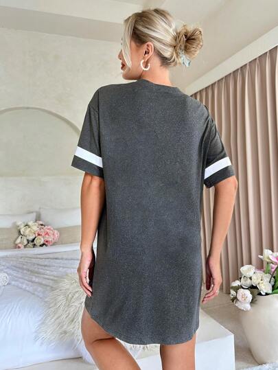 Slogan Graphic Drop Shoulder Pajama Nightdress view 2