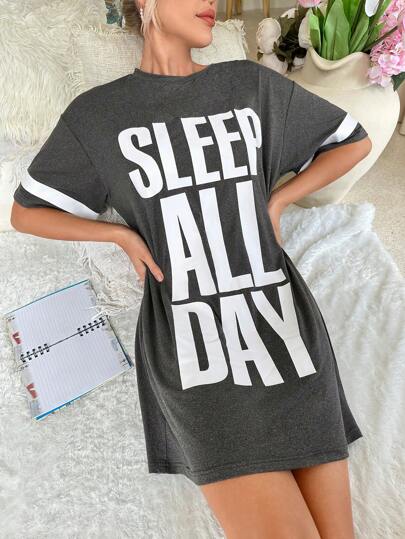 Slogan Graphic Drop Shoulder Pajama Nightdress view 6