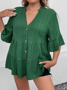 SHEIN LUNE Talla grande Blusa de manga amplia bajo con fruncido - Verde Oscuro - Ver 1