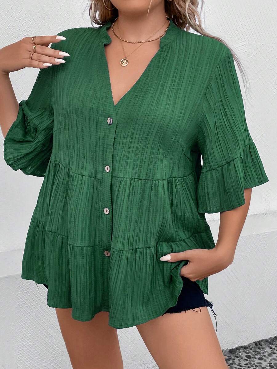 SHEIN LUNE Talla grande Blusa de manga amplia bajo con fruncido - Verde Oscuro - Ver 1
