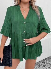 SHEIN LUNE Talla grande Blusa de manga amplia bajo con fruncido - Verde Oscuro - Ver 4