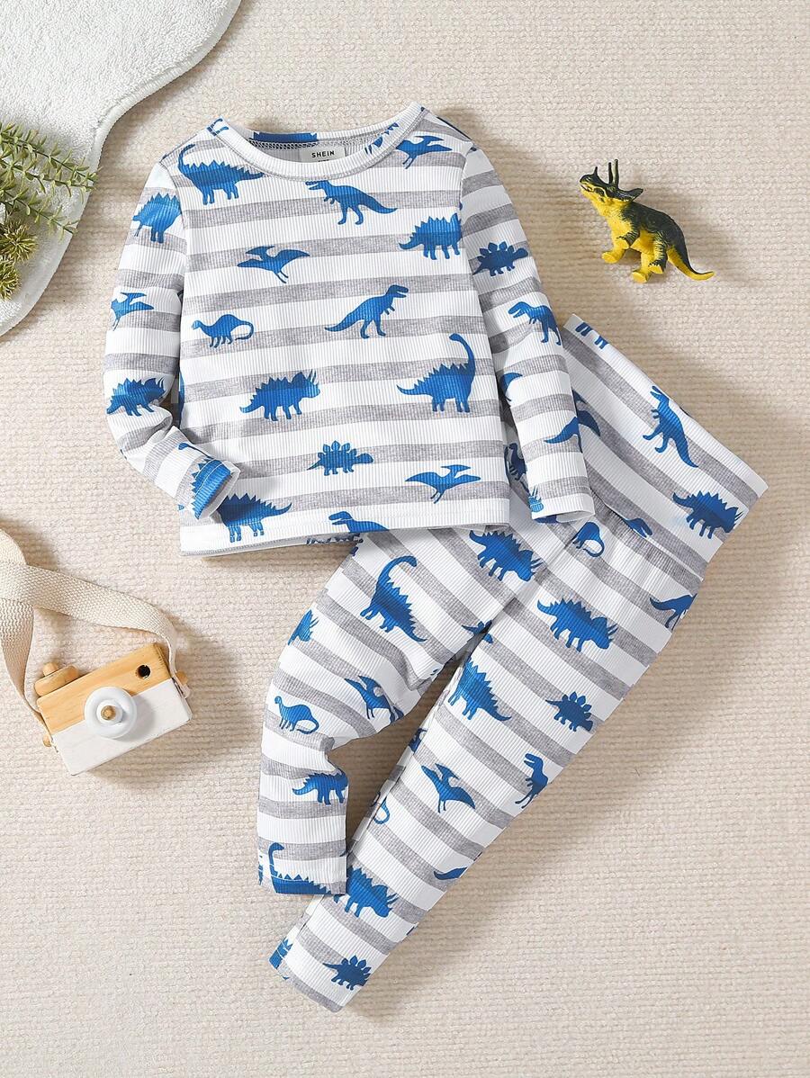 Baby Boy Striped & Dinosaur Print Snug Fit PJ Set - Multicolor - View 1